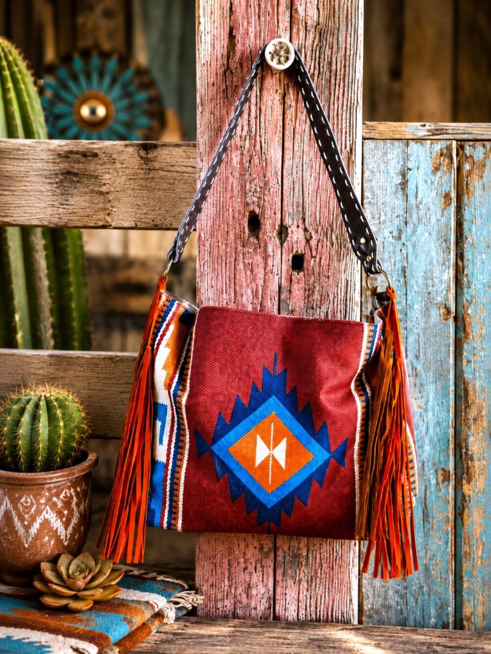 Southwestern Rust Fringe Tote Bag Purse Faux Leather Boho Western Aztec Canvas - Picture 7 of 7